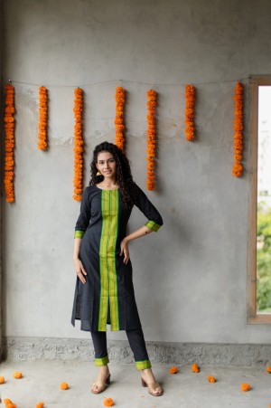 Classic Black Mangalagiri Zari Border Kurti And Pencil Piants.